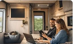 Couple planning work inside a campervan