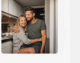 Happy couple inside a campervan kitchen